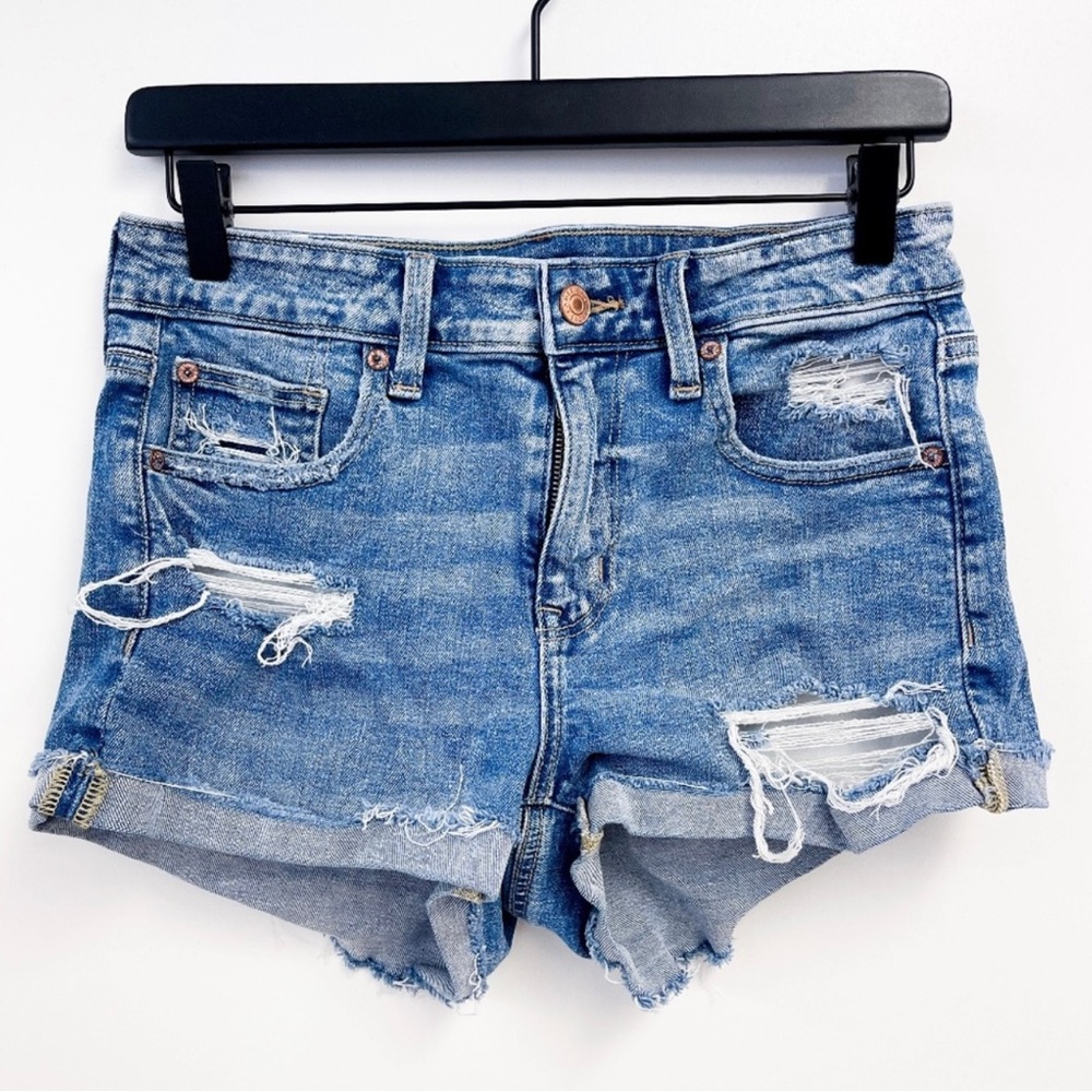 American Eagle | Hi-Rise Shortie Cuffed Distressed Shorts Blue | 6